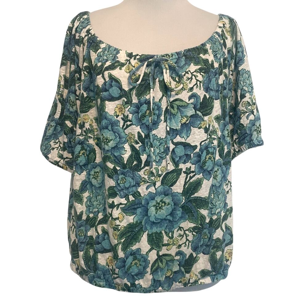 LOFT Floral Shirred Linen Top Womens Large Blue Green Bubble Hem Tee - Picture 2 of 9